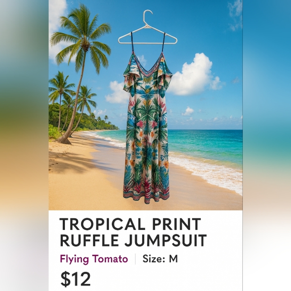Flying Tomato Tropical Print Ruffle Jumpsuit, Size M